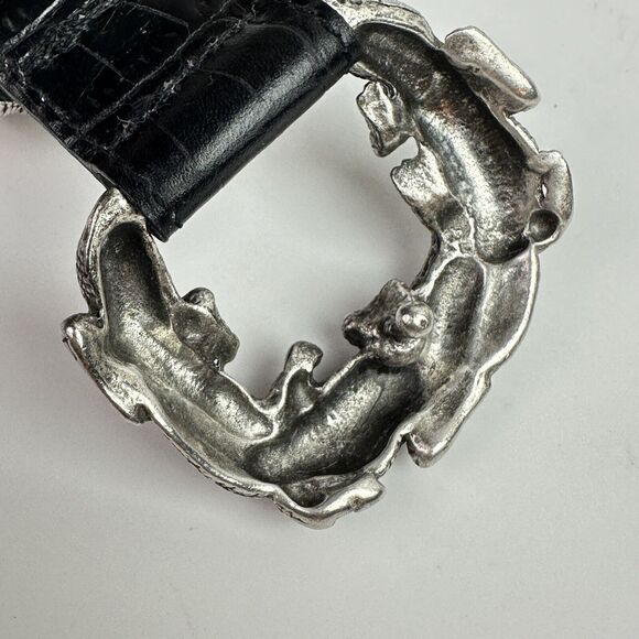 Vintage Sculptural Alligator Belt Silver Buckle Black Leather Strap Women\'s Sz S main image 5